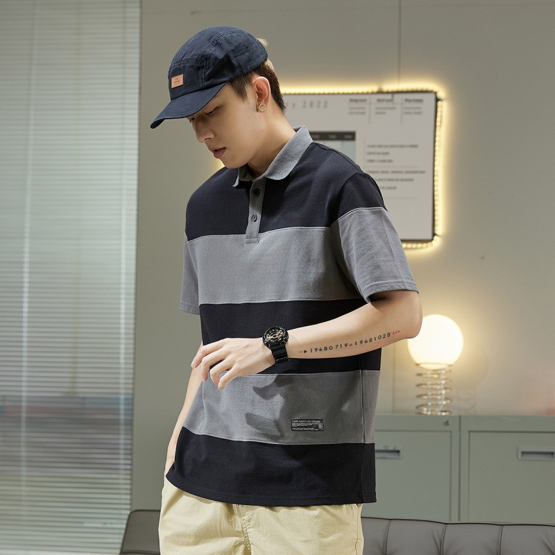 唐狮 男式POLO衫宽条纹绣花短袖POLO衫男士POLO衫短袖