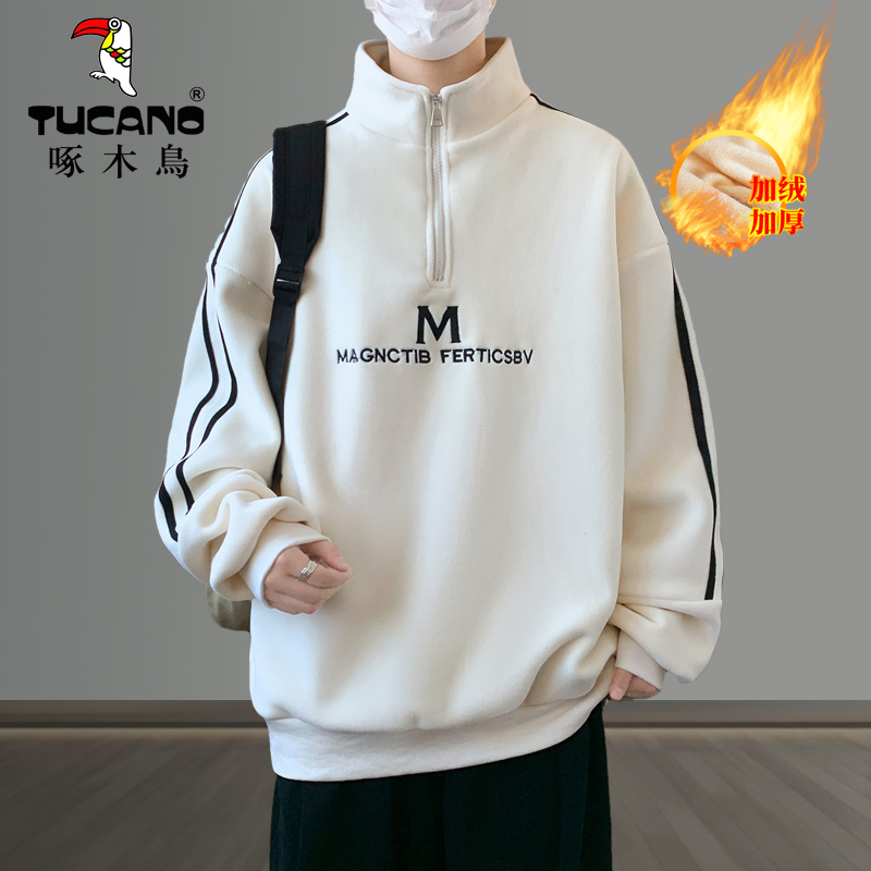啄木鸟冬季半高领加绒厚卫衣男时髦青少年初高中学生潮流帅气套加高清大图