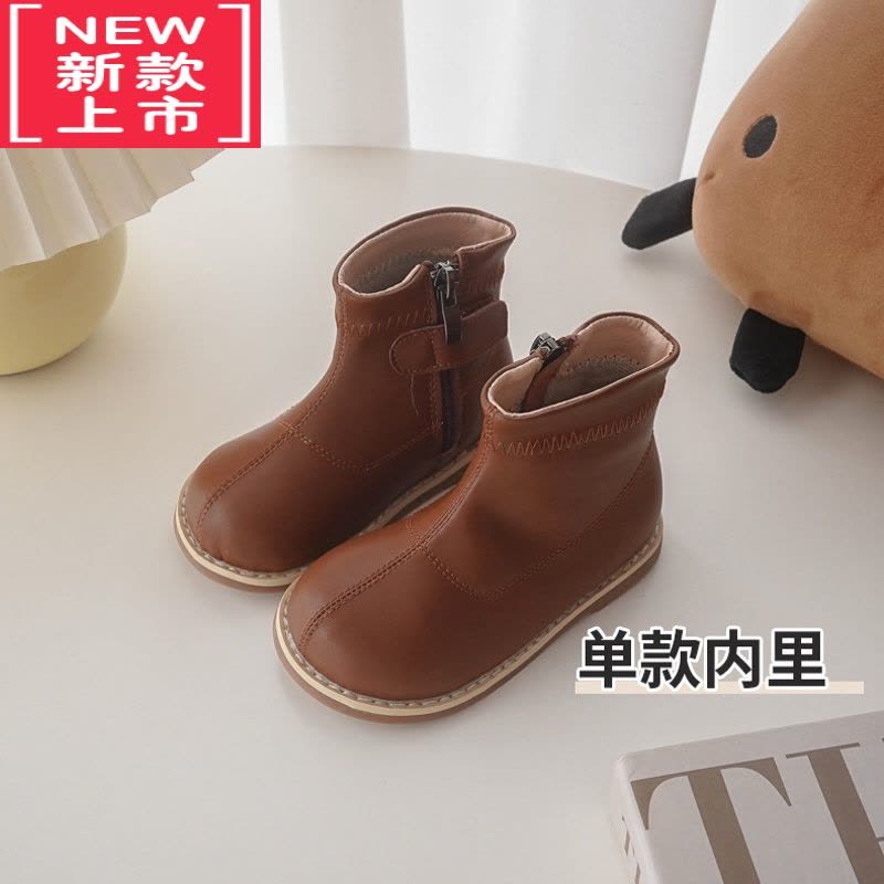 可莉允女童靴子2022秋冬韩版皮靴男童中筒靴加绒宝宝软底侧拉链儿童短靴图片