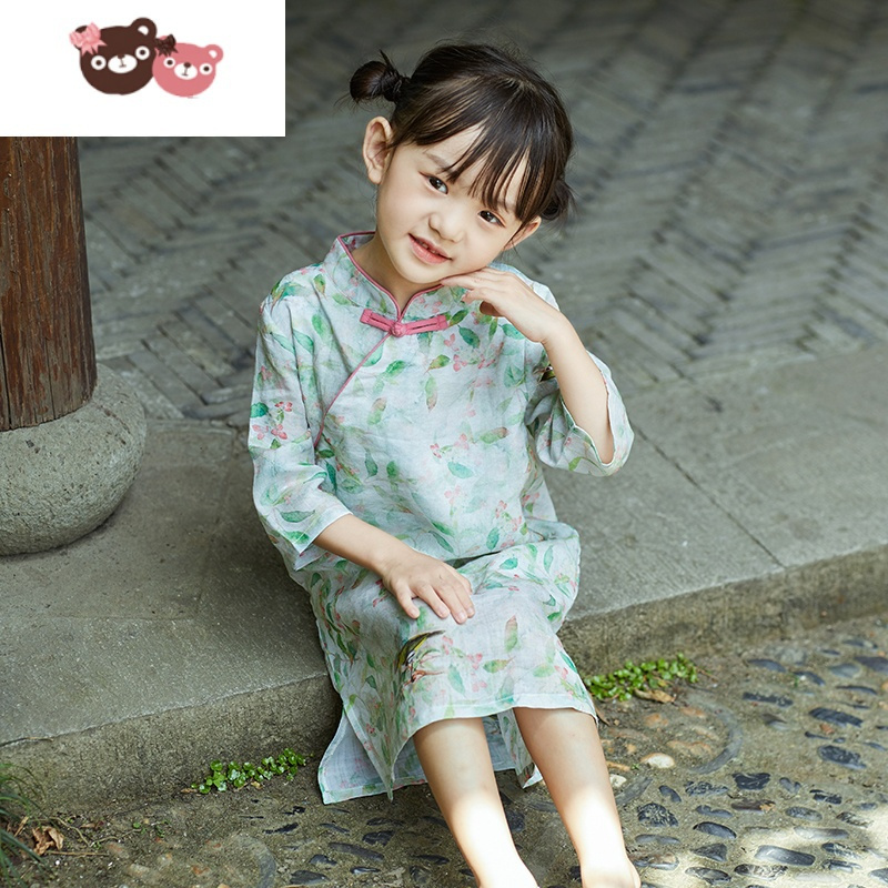 绿彩虹光女童旗袍2021年新款洋气春秋中国风苎麻连衣裙长款复古中大童唐装裙子