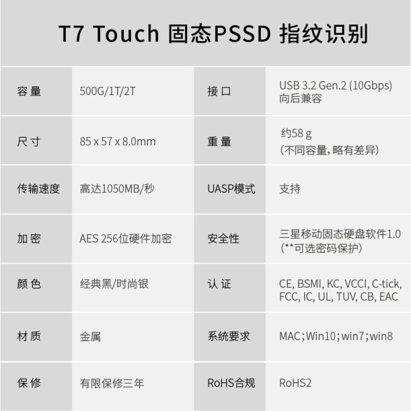 三星2TB Type-c移动硬盘 固态PSSD 指纹识别 NVMe高速传输1050MB/秒 T7 Touch经典黑