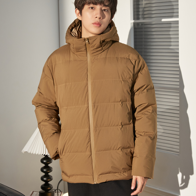 唐狮冬季新款绒纯色连帽短款羽绒服男潮休闲风百搭厚外套