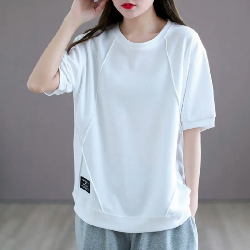 班俏banqiao2021新夏季薄款卫衣女宽松刺绣短袖通勤简约圆领纯色上衣