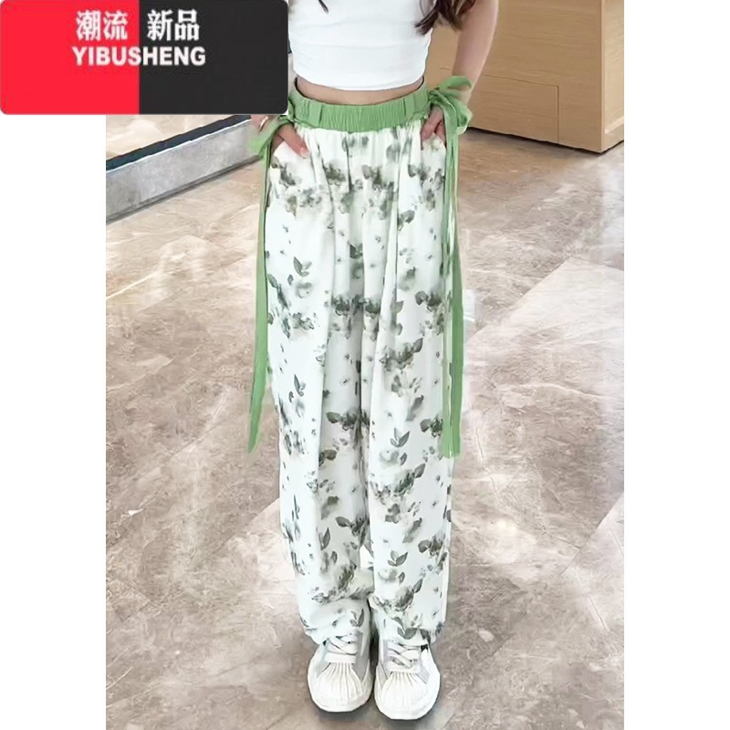 YIBUSHENG新中式国风印花冰丝阔腿裤女2024季新款薄款飘带高腰显瘦休闲裤