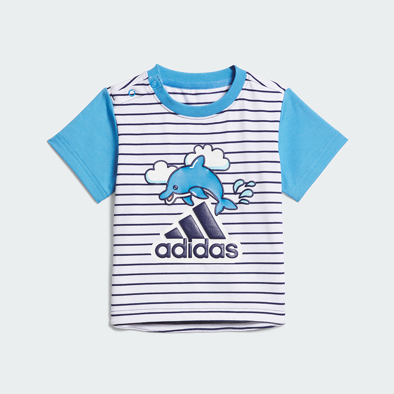 adidas童装品牌logo动物卡通图案条纹圆领短袖t恤拼色宽松短裤套装