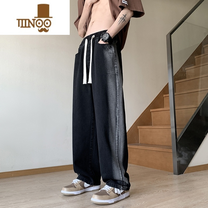 YANXU松紧腰直筒宽松牛仔裤男2023新款潮流百搭青少年休闲长裤子高清大图