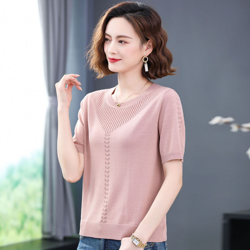 恒源祥冰丝短袖女士短袖t恤圆领针织衫气质优雅薄款大码女上衣服新款