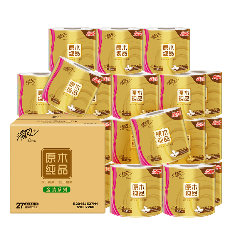 清风 原木金装4层加厚140克×27卷 有芯卷纸 卫生纸 卷筒纸 整箱 B2014JE27N1 新旧包装随机发