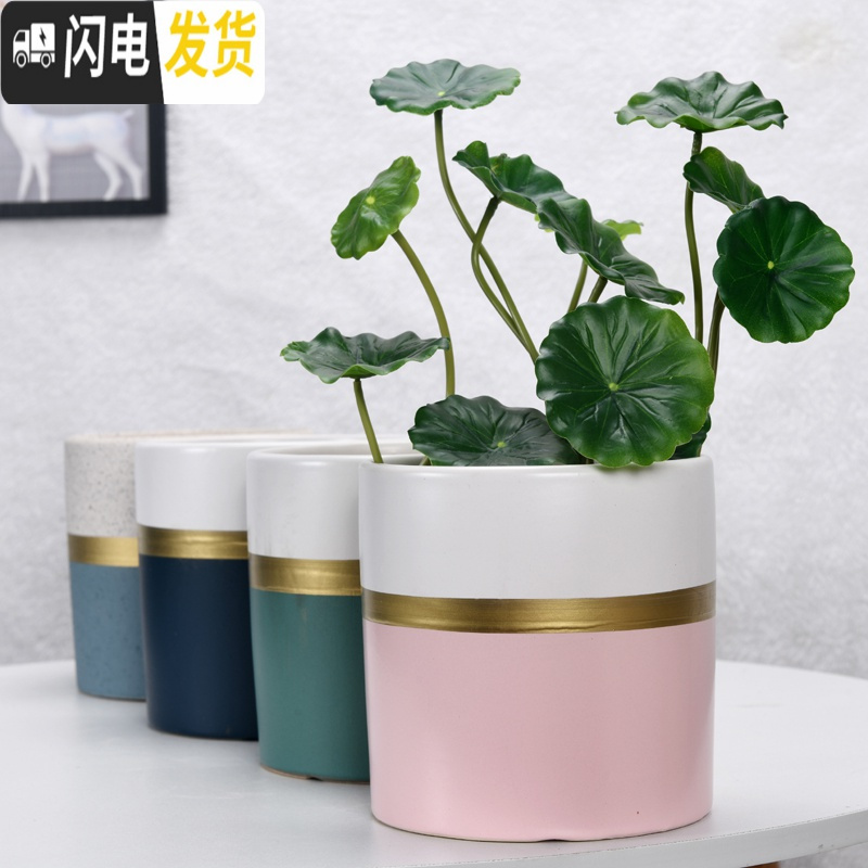 三维工匠圆柱陶瓷花盆特大号批发 北欧室内吊兰绿萝多肉透气花盆 W斑点上白下兰(带陶瓷托盘) 中等花盆容器