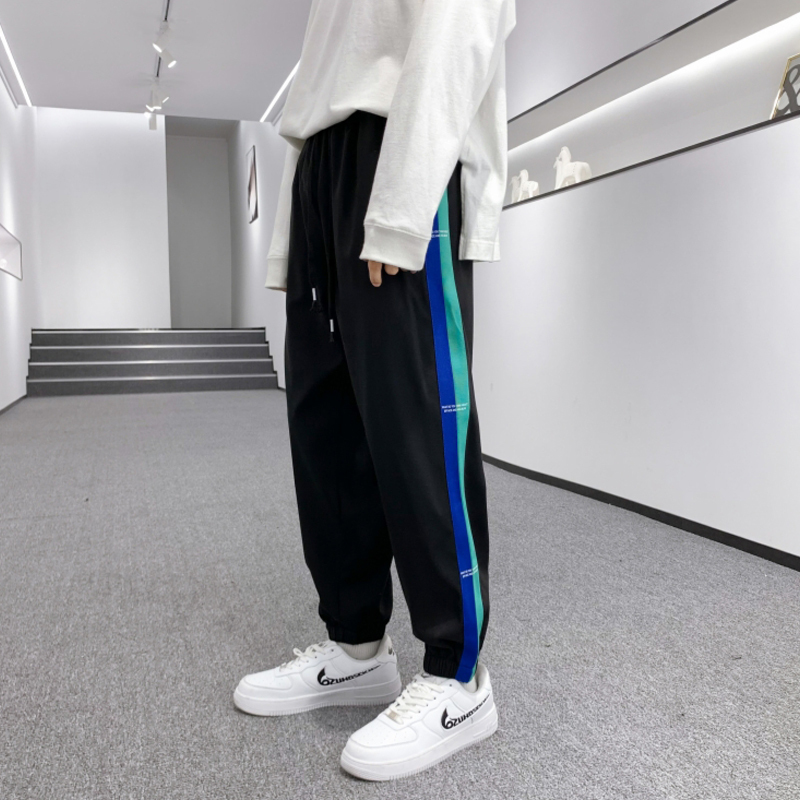 蓝缕金(LANLVJIN)男士休闲裤春秋季2021新品松紧系带束脚裤青少年拼色印花宽松运动裤韩版休闲学生男裤子