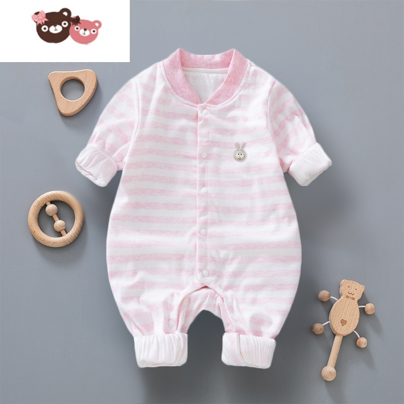 绿彩虹光新生儿连体衣长袖哈衣春秋婴儿双层连身衣男女宝宝洋气爬爬服