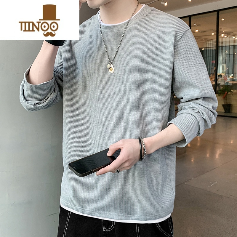 YANXU华夫格卫衣男长袖t恤圆领宽松大码薄款假美式外套高清大图