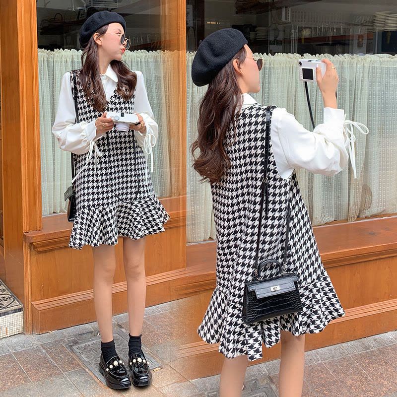 美动态大码女装2022春季千鸟格连衣裙套装小香风胖mm显瘦气质裙子图片