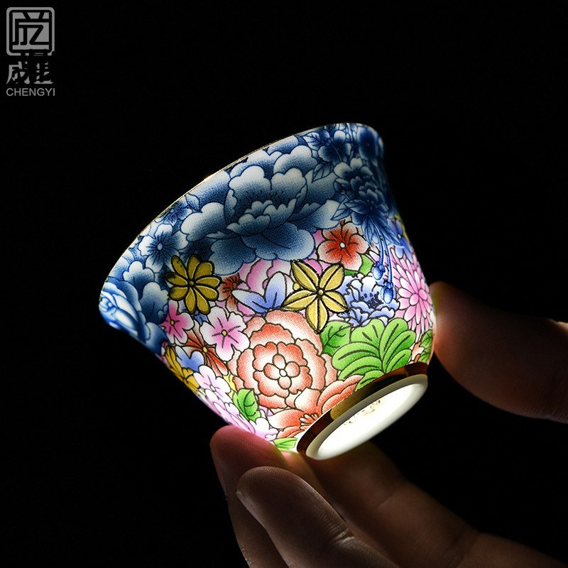 鼎亨珐琅彩品茗杯主人杯陶瓷功夫茶具单杯小茶杯青花瓷景德镇描金