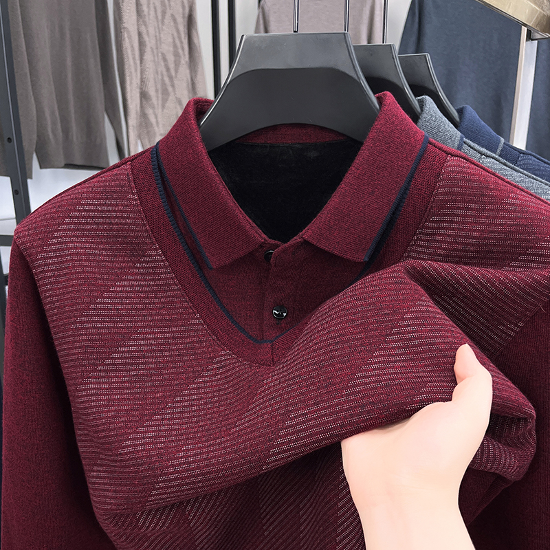 啄木鸟爸爸冬装假两件毛衣男士冬季加绒加厚中老年针织保暖羊毛保高清大图