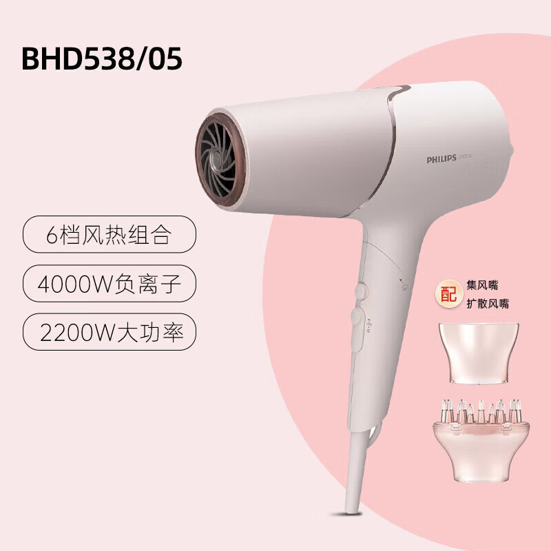 飞利浦(PHILIPS) 电吹风机 温感焕护4千万负离子 矿物质锌离子 大功率大风速干蓬蓬筒 粉色BHD538/05高清大图