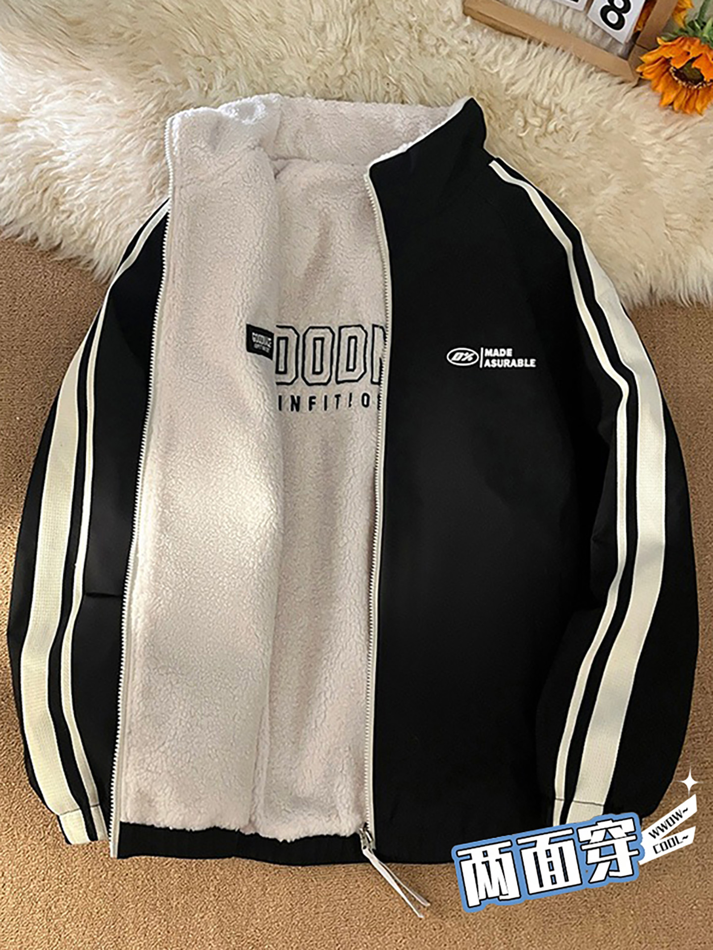 啄木鸟双面穿立领棉衣外套男士秋冬季潮牌高街户外加绒加厚保暖潮高清大图