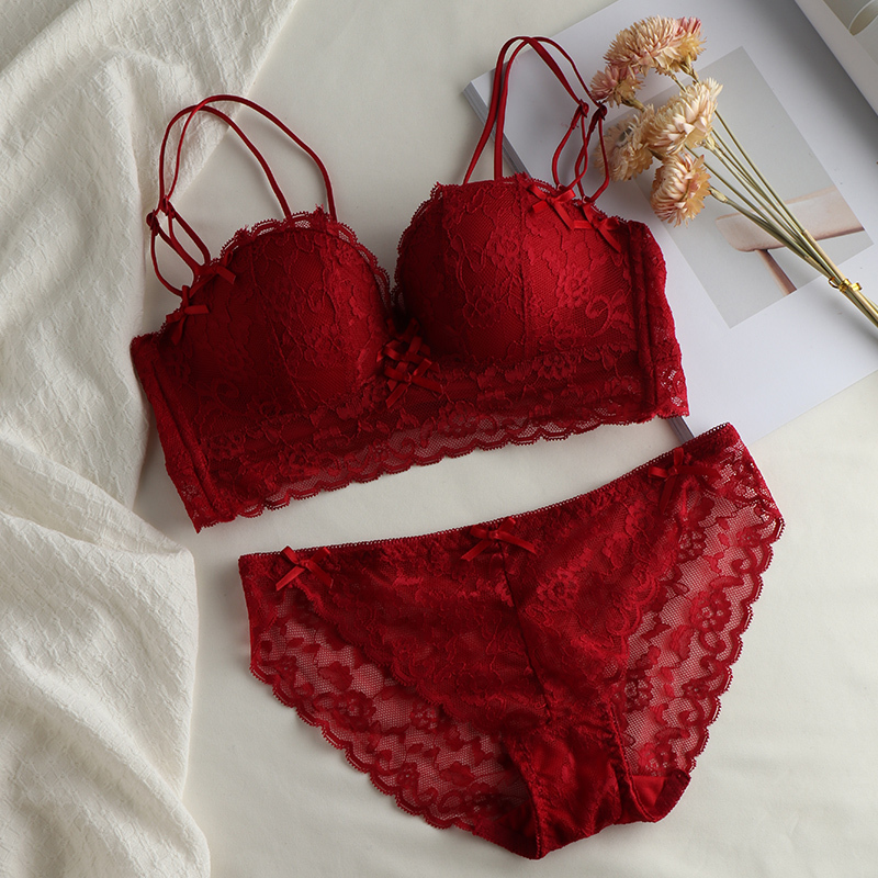 恋名媛荷韵阁红色小胸聚拢调整型内衣女收副乳上托胸罩甜美蕾丝文胸