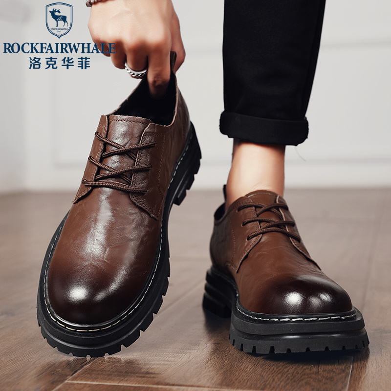 洛克华菲工装鞋夏季男鞋英伦风马丁靴圆头黑色低帮真皮大头休闲小皮