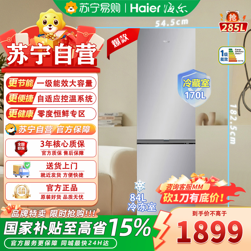 海尔城市之光双门冰箱BCD-285WGHC2DEXM 285升变频风冷一级能效冰河银电脑控温自动除霜净味杀菌三口之家适用