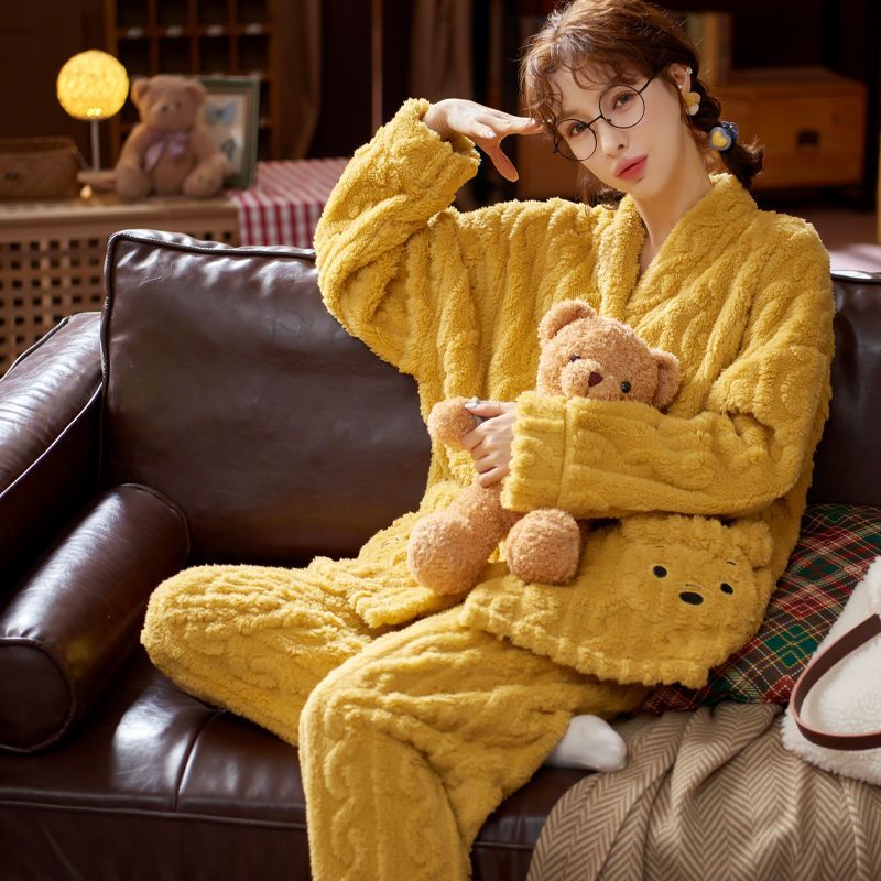 法兰绒秋冬季保暖睡衣女加厚加绒珊瑚绒甜美可爱韩版家居服两件套