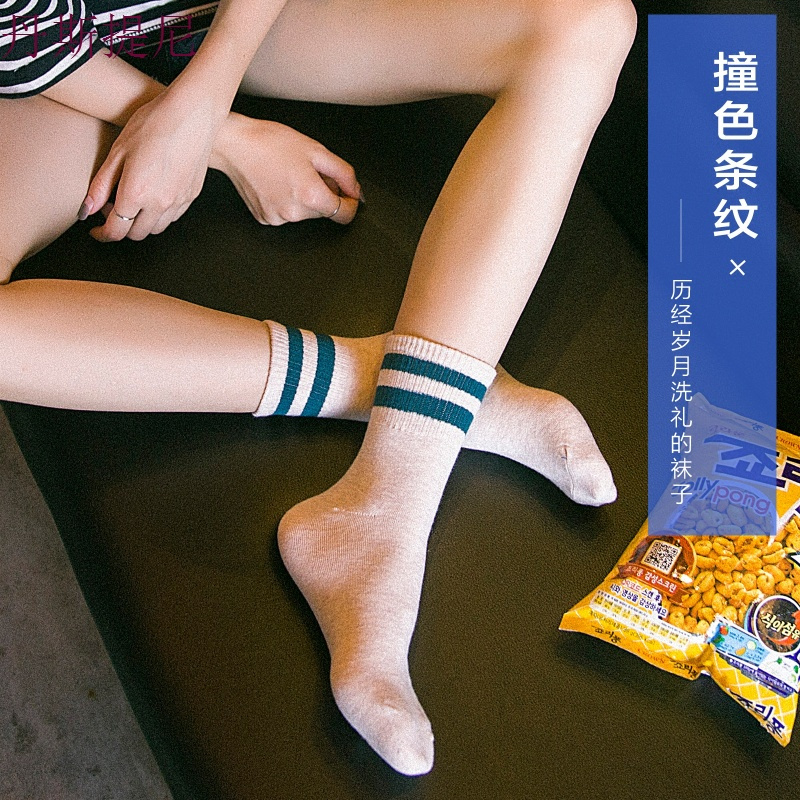 日系袜子女中筒袜韩版学院风二杠运动袜夏季纯棉复古百搭学生薄款