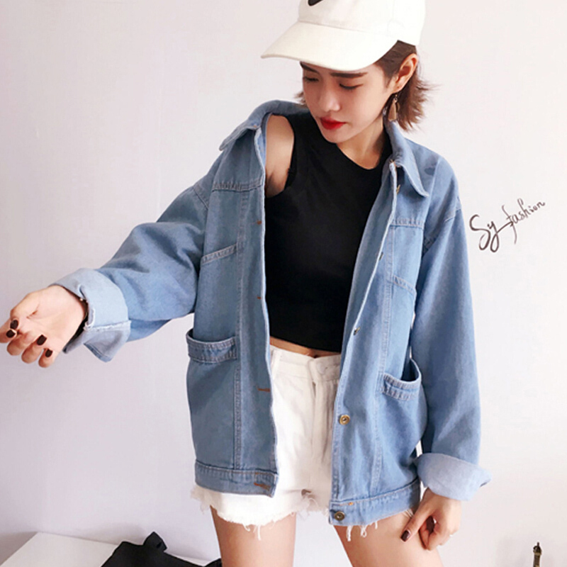 春秋新款韩版bf原宿风宽松显瘦百搭大口袋牛仔短外套女上衣学生潮浅