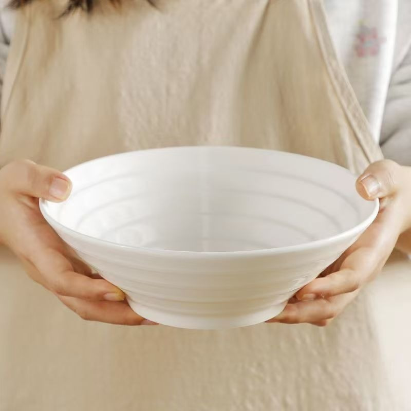 康夫贝横纹汤碗拉面碗高颜值餐厅家用陶瓷饭碗防烫加厚8英寸纯白喇叭碗4只装高清大图