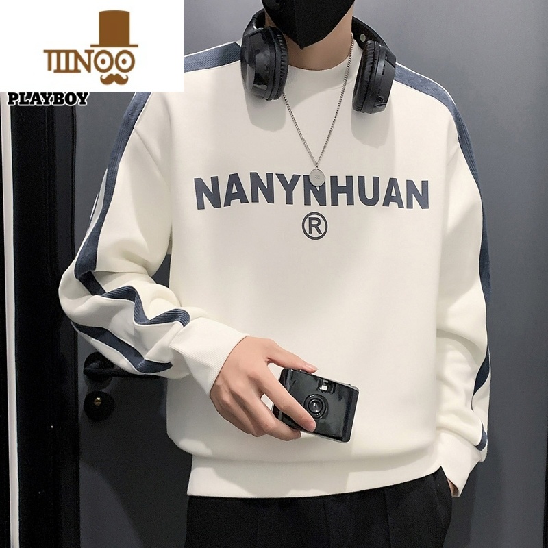 YANXU花花公圆领卫衣男士字母潮流秋季新款打底衫宽松休闲长袖t恤男装高清大图