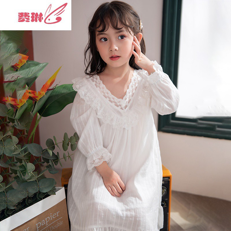 女童夏季长袖睡裙母女亲子小女孩蕾丝公主儿童服宝宝睡衣费琳
