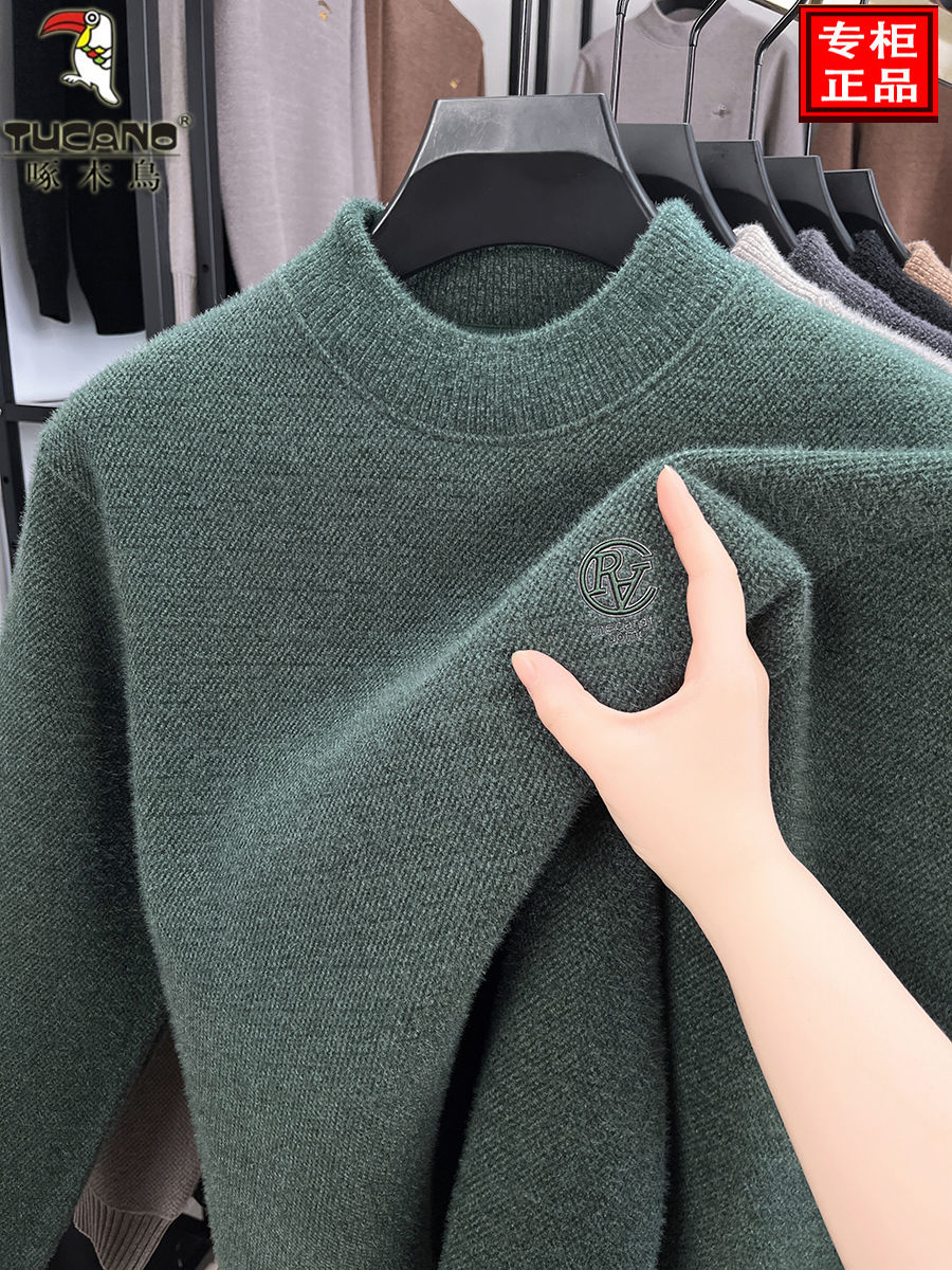 啄木鸟半高领加绒加厚男士毛衣2025冬季一体绒保暖羊毛针织打底体高清大图