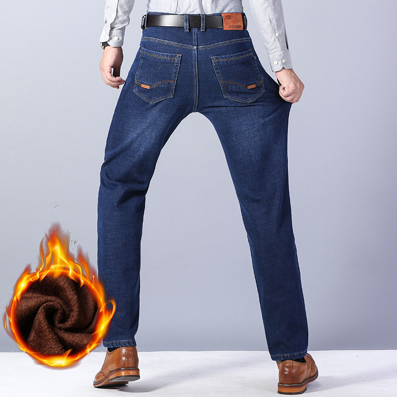 啄木鸟2025秋冬款轻商务男加厚款宽松直筒修身休闲保暖男款牛仔裤高清大图