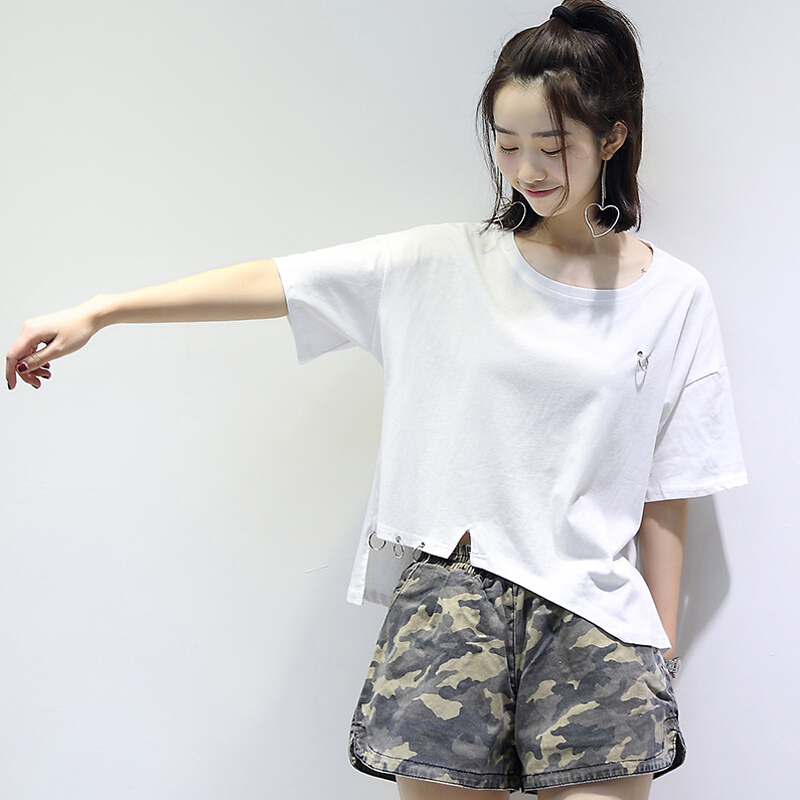 韩版ulzzang宽松百搭学生白色短袖女2018韩范不规则上衣夏白色