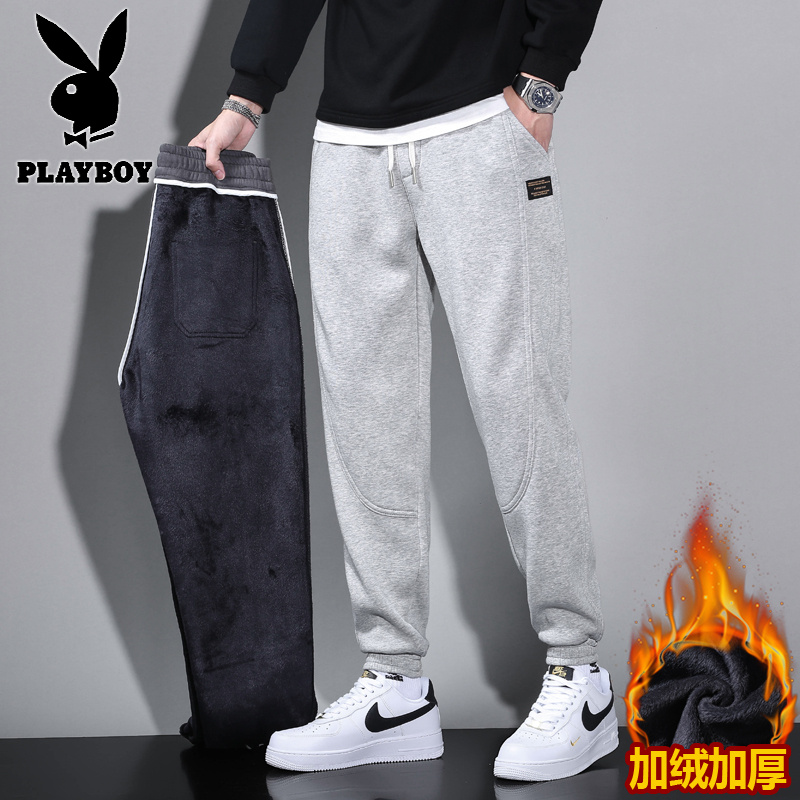 花花公子新款高品质秋冬休闲加绒卫裤男潮牌宽松运动哈伦工装裤子_487高清大图