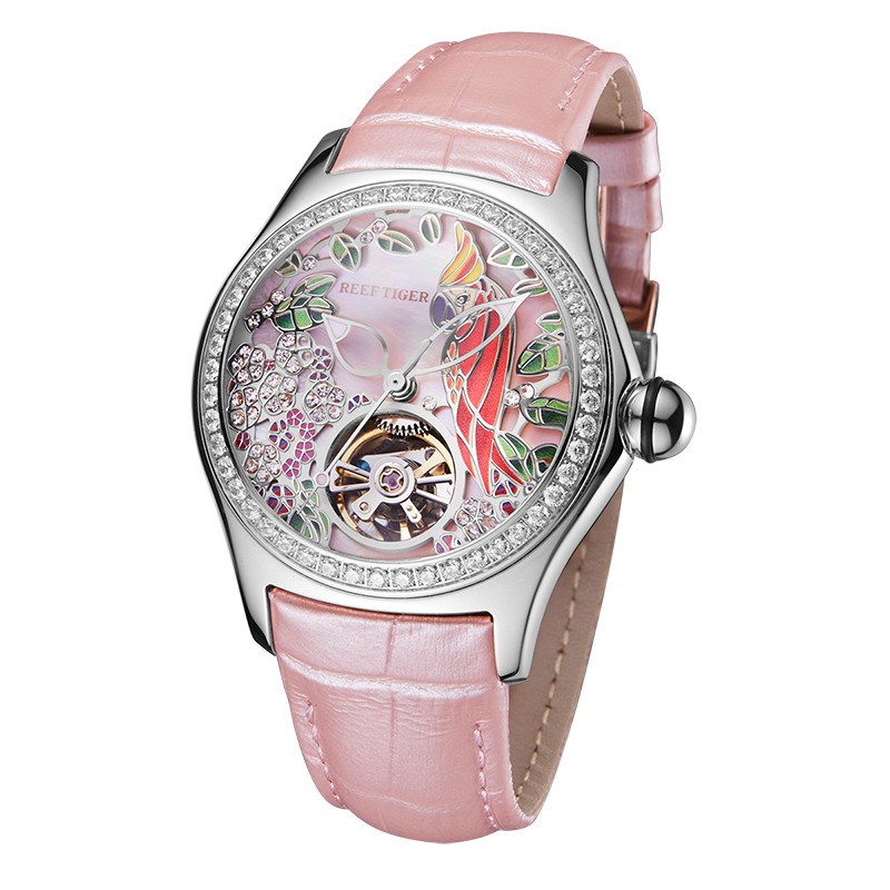 瑞夫泰格(REEF TIGER)女士手表全自动机械表女表新款时尚潮流镶钻镂空皮表带防水3D鹦鹉手表RGA7015 本色粉面粉皮