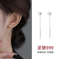 999纯银爱心流苏耳线小众高级感耳环免摘睡觉养耳洞耳钉银耳饰高