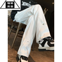希杰狮王白色工装牛仔裤男痞帅vibe高街美式春秋薄款穿搭直筒阔腿微喇裤子