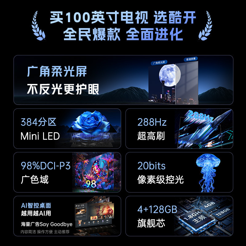 创维酷开电视Max100 2026款 广角柔光屏 384分区 MiniLED 100P5F