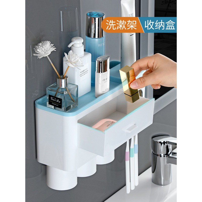 牙刷架刷牙杯子置物架挂墙式卫生间漱口杯带挤牙膏器牙缸牙具套装 三维工匠 蓝白双杯送卡通杯贴