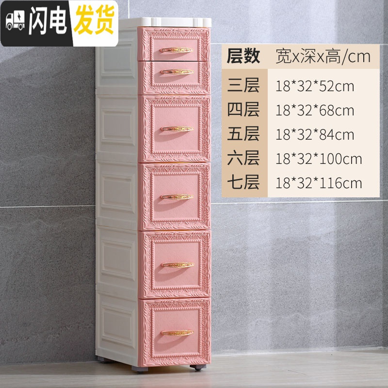 三维工匠加厚抽屉式夹缝收纳柜塑料边窄柜卧室置物多层收纳箱厨房储物柜子 18面宽北欧粉色顶层双小抽7层