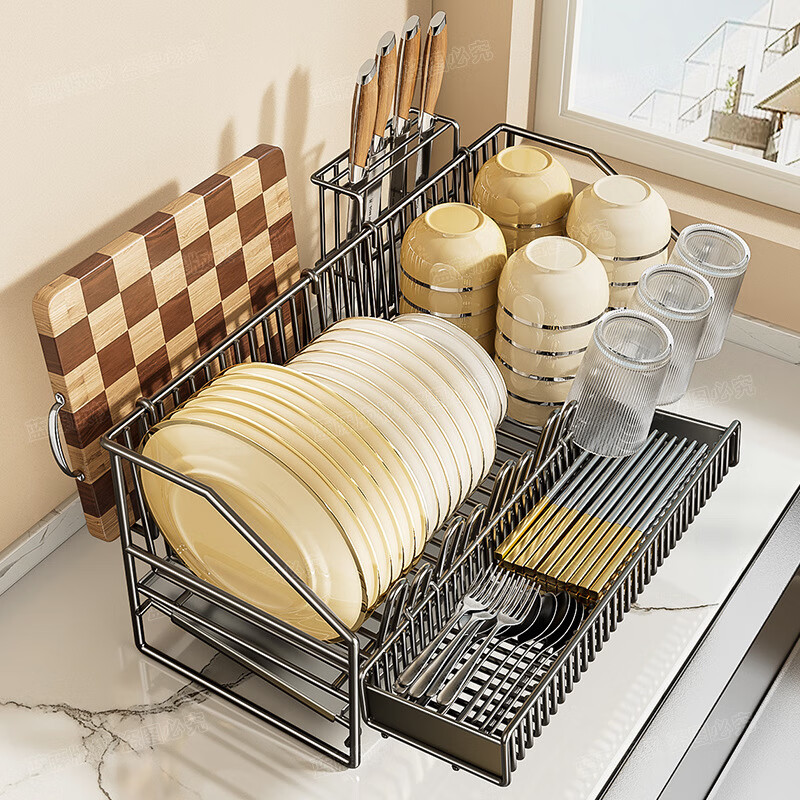 丽佳邦厨房沥水架奶白碗碟架+刀架+菜板架高清大图