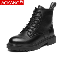 奥康女鞋厚底马丁靴女英伦风短靴休闲百搭皮靴牛皮女靴子 黑色-单里款 35