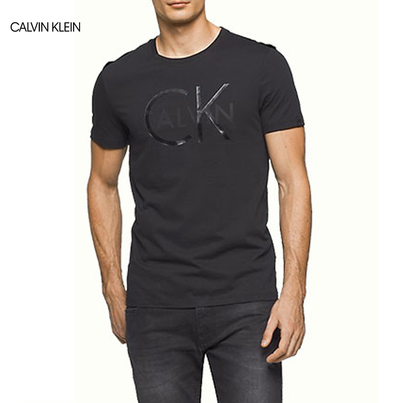 卡尔文克莱恩calvinkleinck男士圆领棉质纯色分裂logo短袖男夏季男装