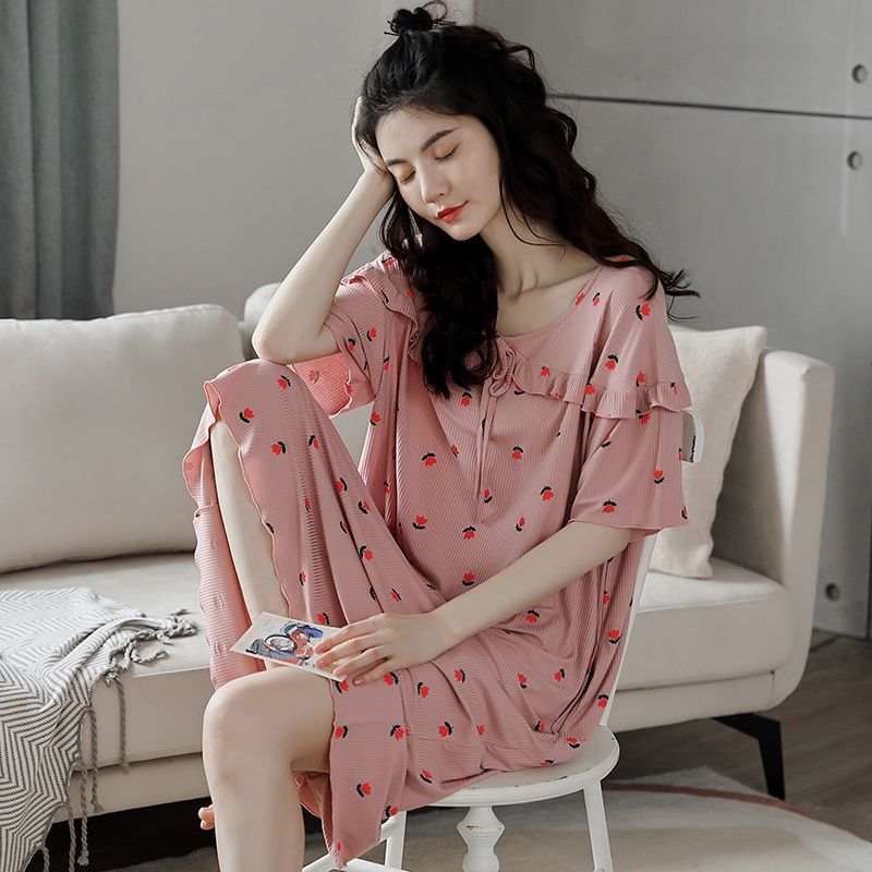 莫代尔睡裙女夏季薄款宽松大码睡衣女2200斤胖mm孕妇长款裙子夏天