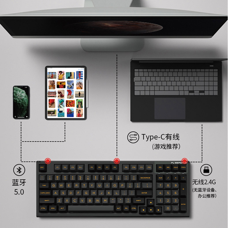 腹灵 FL980 98键 蓝牙三模无线键盘机械RGB热插拔电竞游戏 三模无线版-全键可换轴海盐柠檬-BOX红
