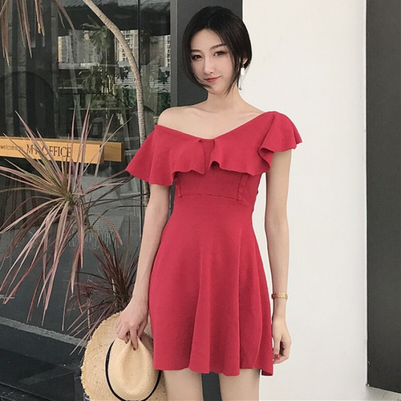 夏季韩版气质V领针织连衣裙女荷叶边无袖修身显瘦短裙A字裙潮粉色均码
