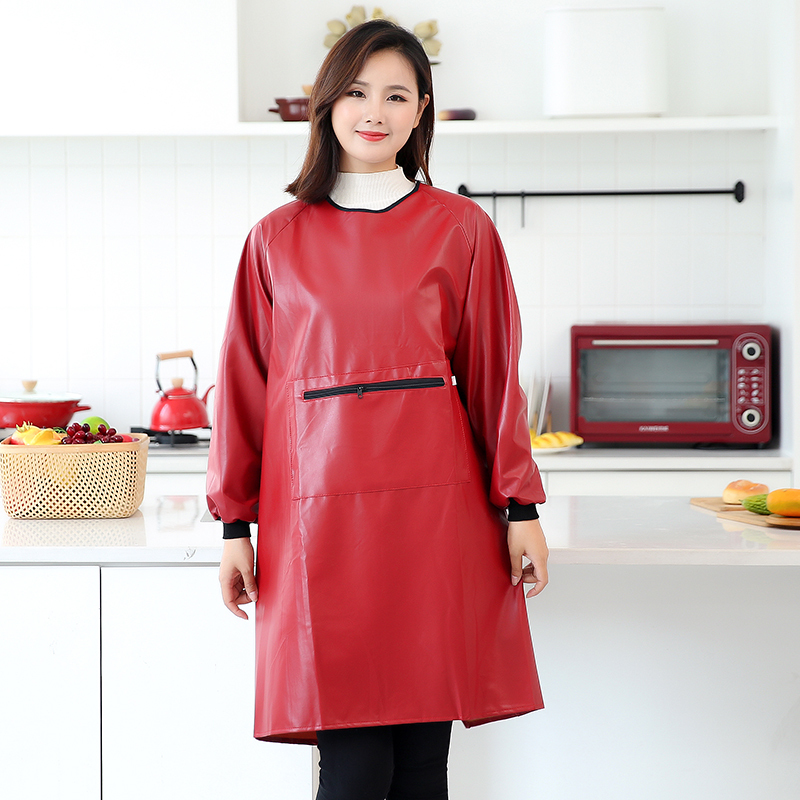 大红罗口皮革反穿衣时尚长袖皮围裙防水防油软皮反穿衣倒褂罩衣大人女