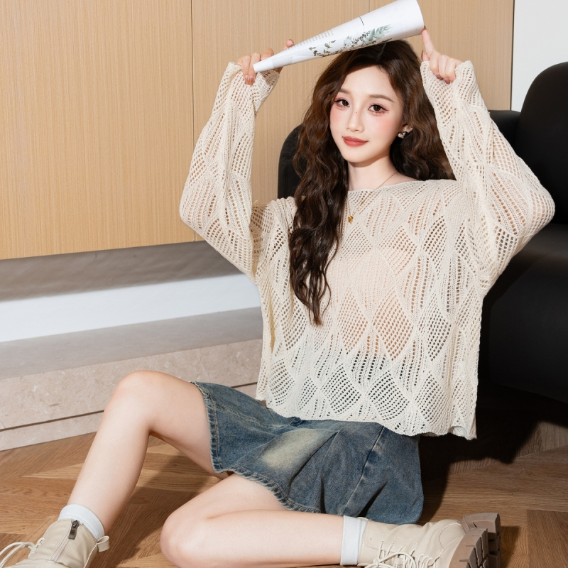 唐狮新款毛衣女圆领套头净色镂空慵懒高级针织衫气质上衣女