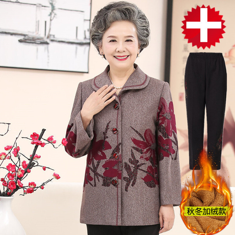 迪鲁奥（DILUAO)轻奢品质奶奶秋装老人秋天衣服外套薄中老年冬装女妈妈套太太上衣_156 红色(加绒款上衣+加绒裤子) XL(建议105-120斤左右)