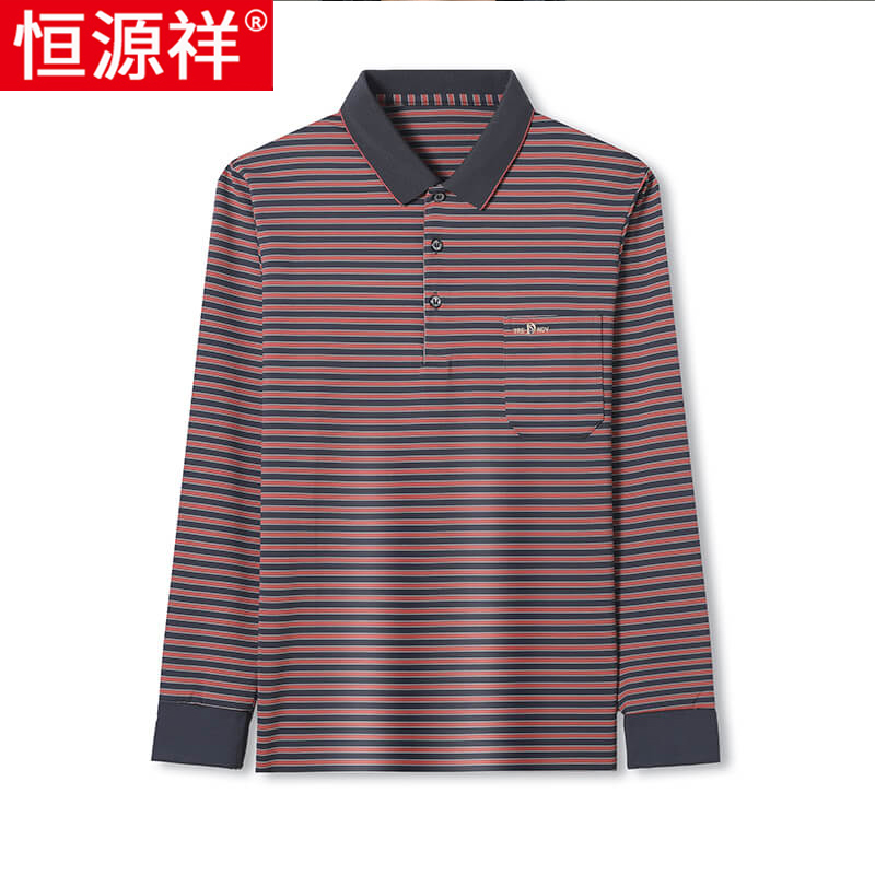恒源祥长袖t恤男士Polo衫中老年条纹爸爸装春秋薄款宽松口袋款l高清大图